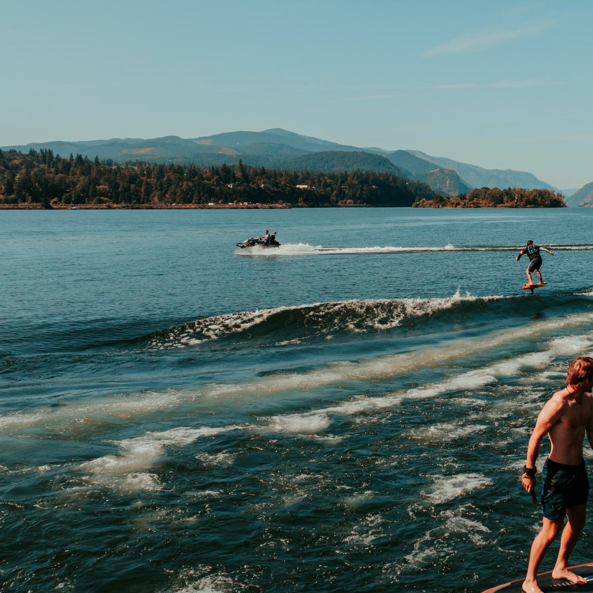 Foiling behind a boat on the Columbia River Gorge